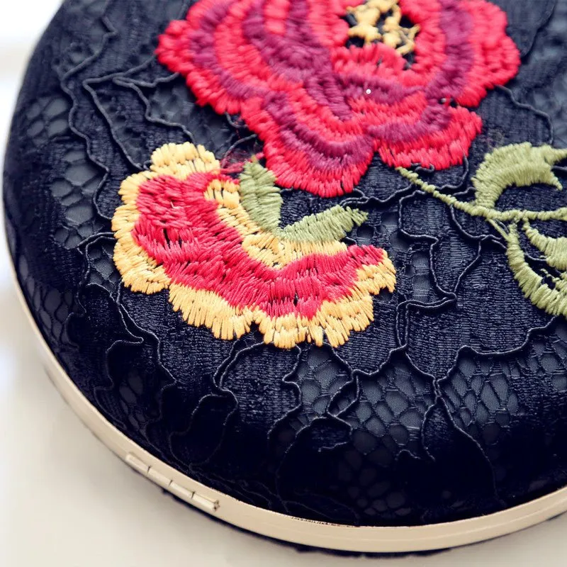 Luxy Moon Embroidered Round Flower Black Evening Bag