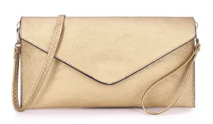 METALLIC GOLD OVER-SIZED ENVELOPE CLUTCH BAG WITH LONG CROSS BODY AND WRISTLET STRAP