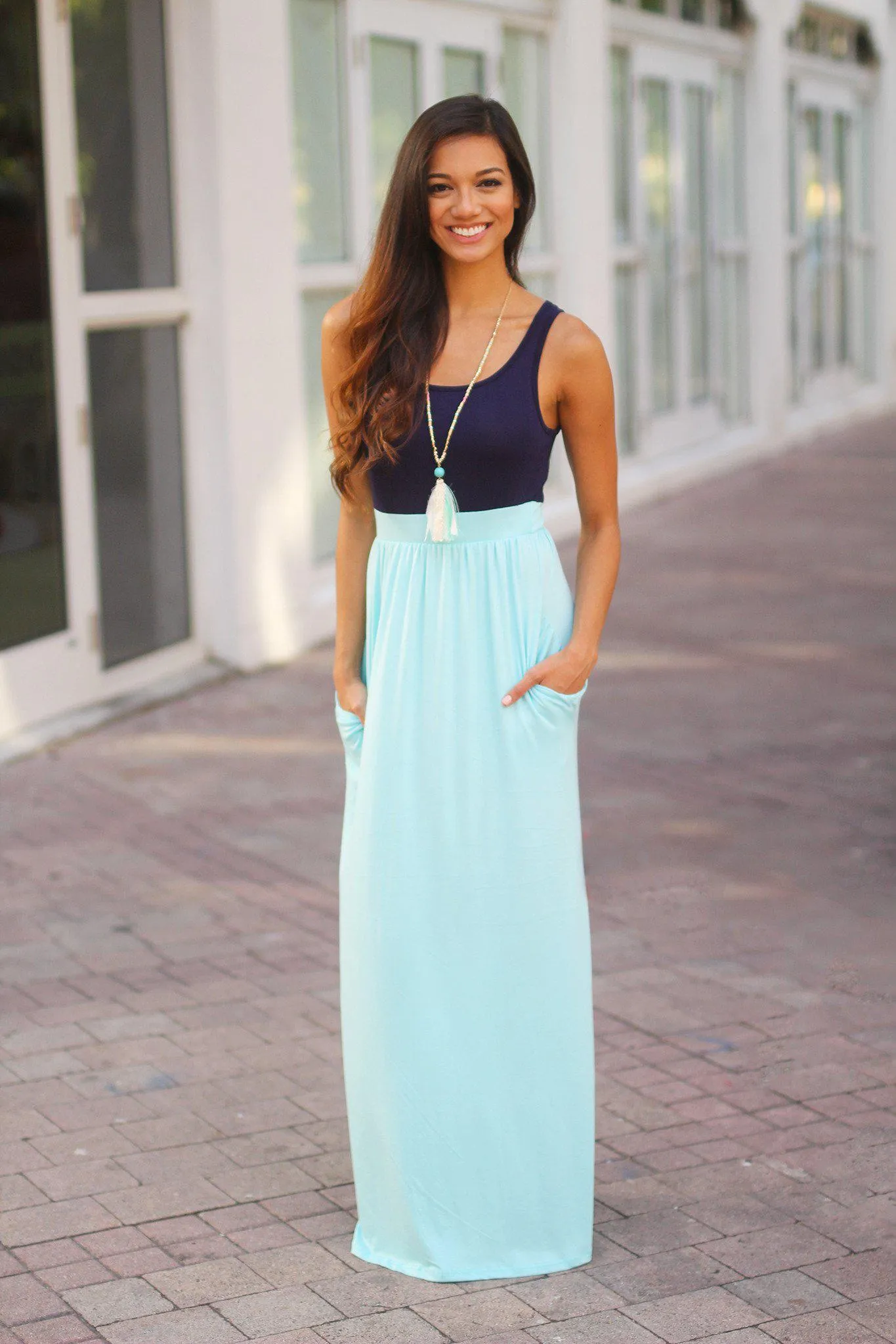 Navy and Blue Maxi Dress with Pockets