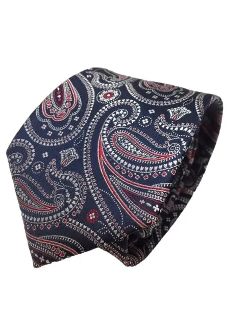 Navy Blue, Red and Silver Paisley Tie