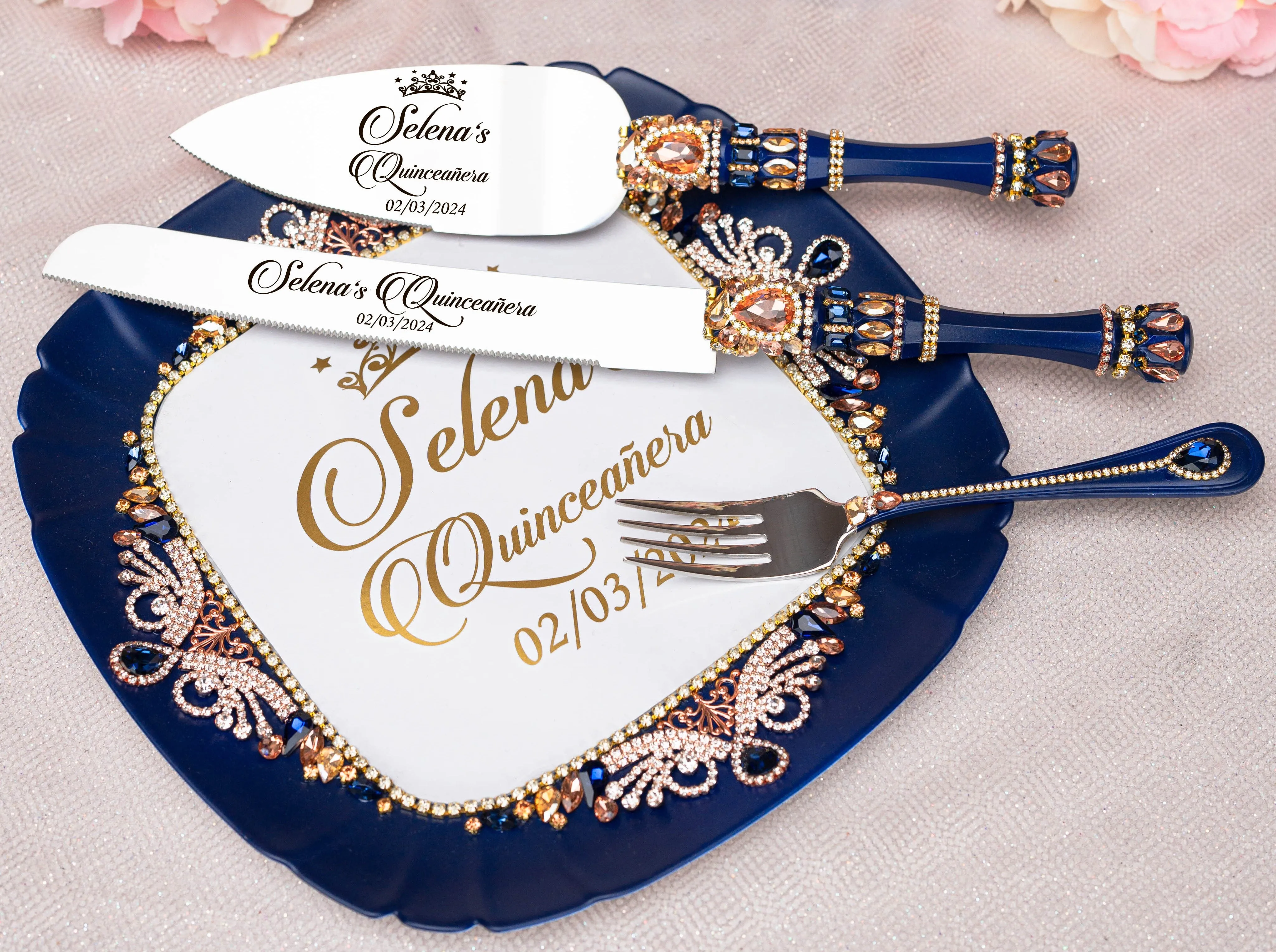 Navy Blue with Rose Gold quinceanera cake knife set with 1 glass