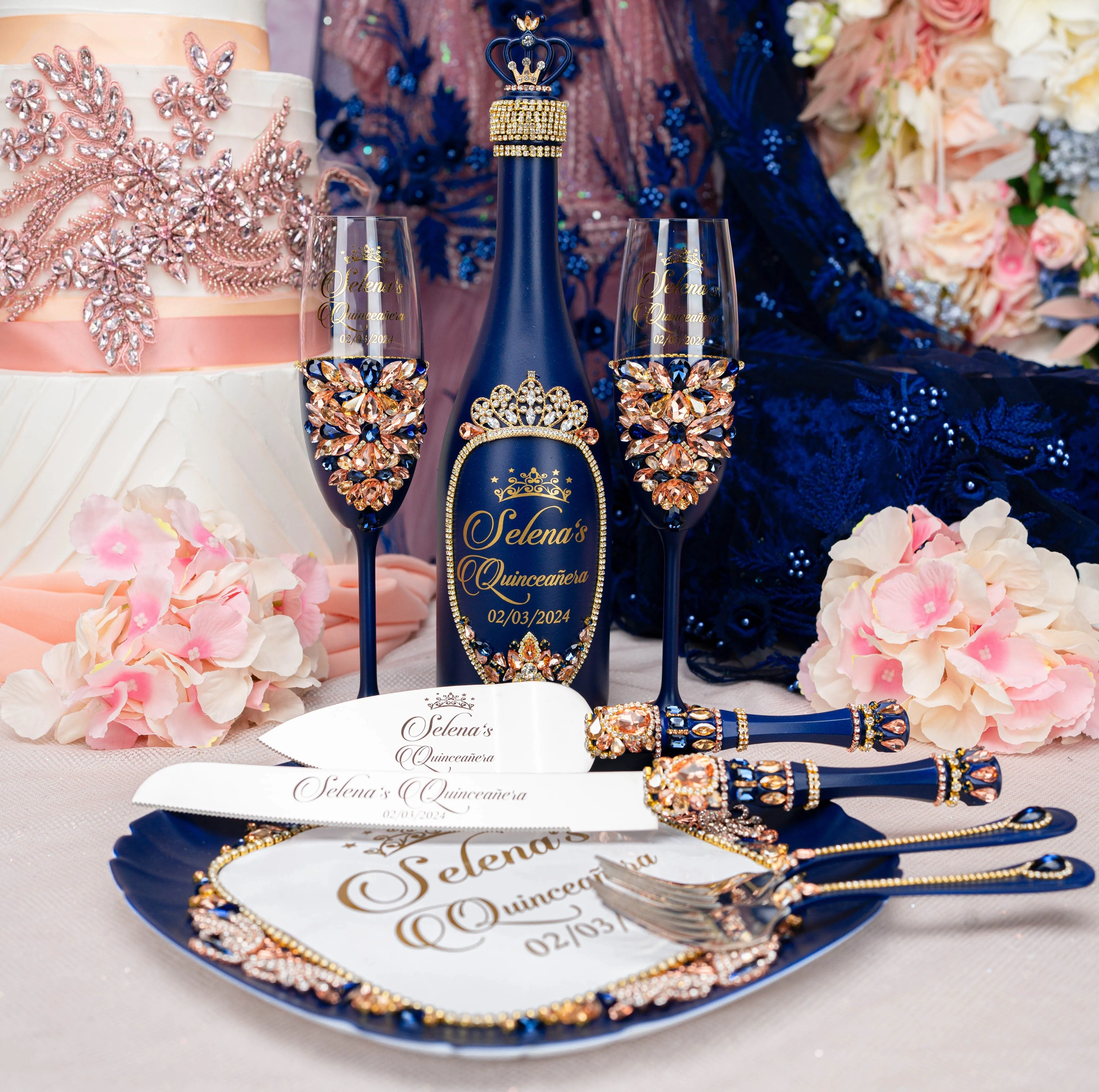 Navy Blue with Rose Gold quinceanera cake knife set with 1 glass