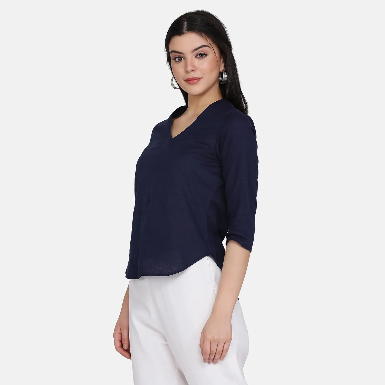 Navy Blue Women's Office Wear Cotton Top