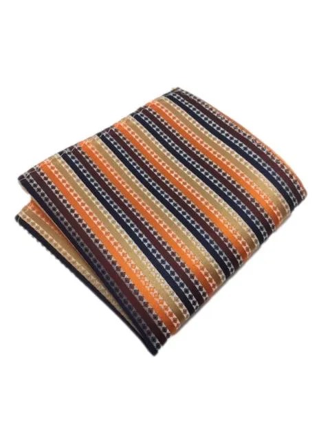 Orange, Navy Blue, Gold and Brown Striped Silk Pocket Square