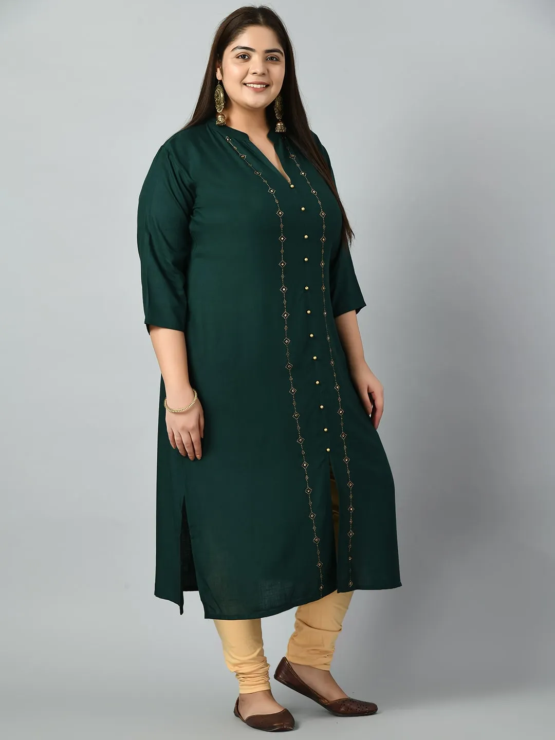 Plus Size Plus Size Bottle Green Embellished Kurta