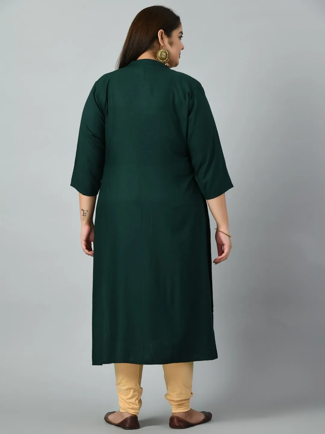 Plus Size Plus Size Bottle Green Embellished Kurta