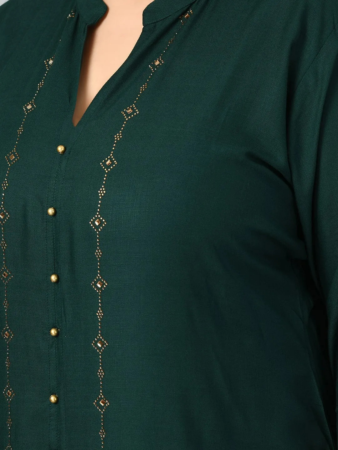 Plus Size Plus Size Bottle Green Embellished Kurta