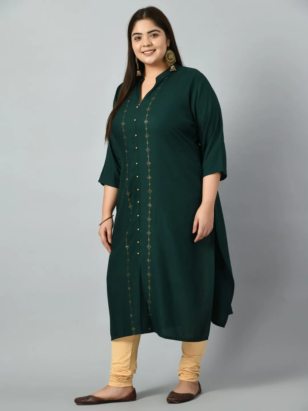 Plus Size Plus Size Bottle Green Embellished Kurta