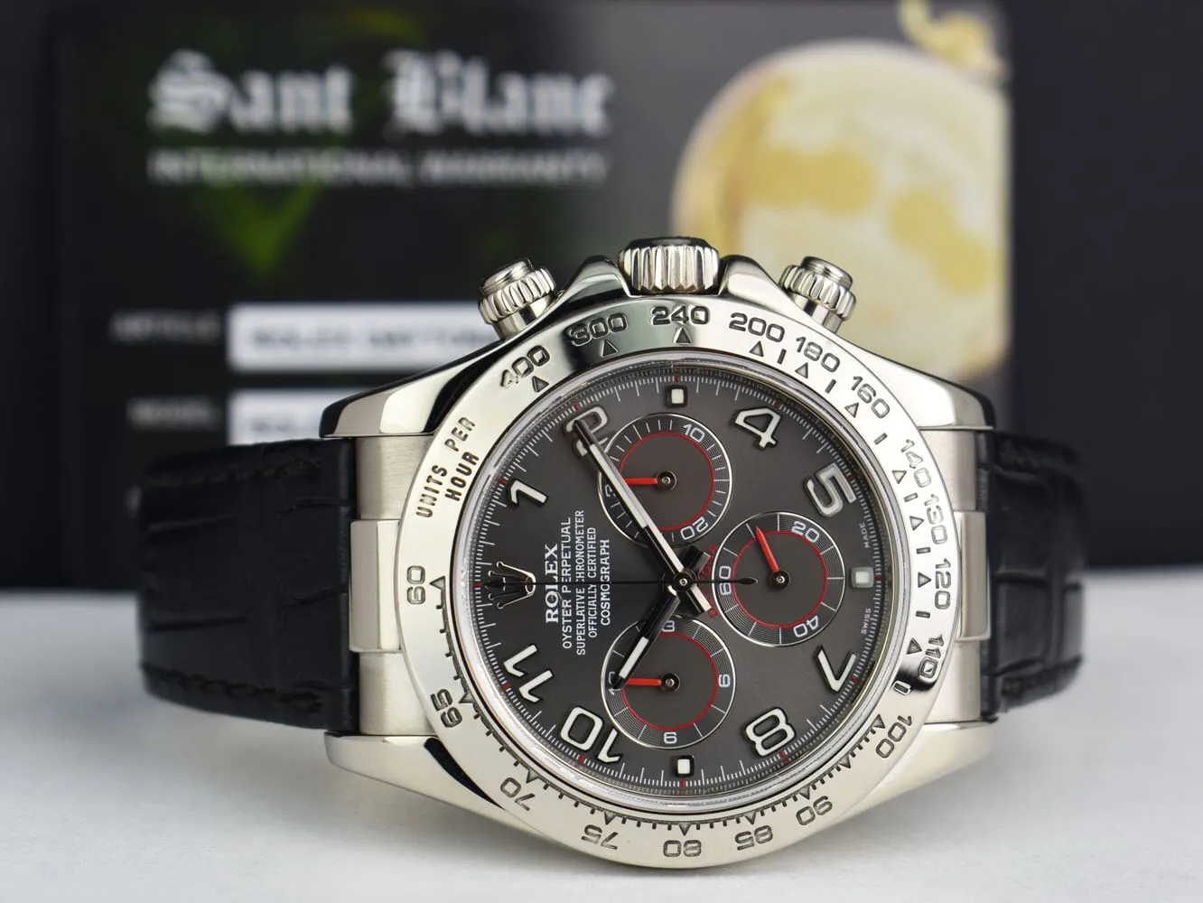 ROLEX Rehaut 18kt White Gold Daytona on Black Crocodile Gray Arabic Dial Model 116519