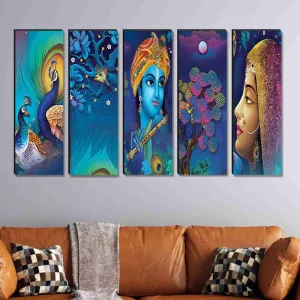 SAF paintings SET of 5 Radha krishna religious modern art wall panel painting for home decoration 30 inch x 18 inch