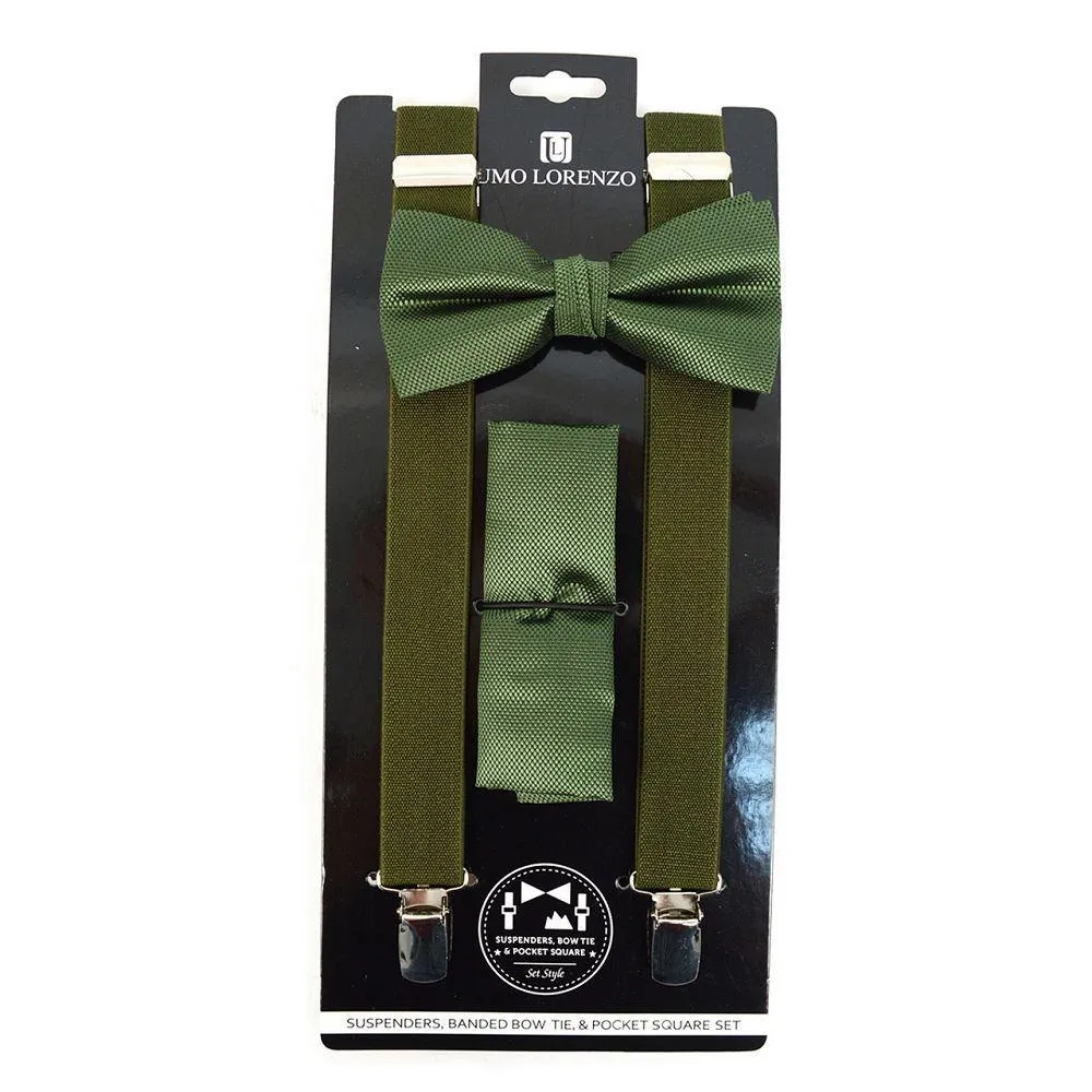 Suspender, Bow Tie & Pocket Square Set - Olive Green