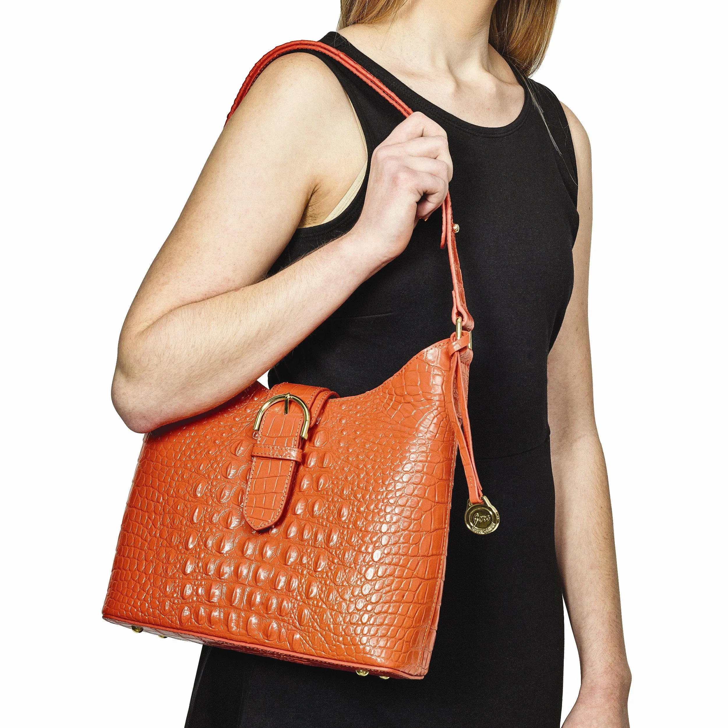 Top Grain Leather Croc Texture Cotton Lining with Removable Center and Side Zip Compartment Two Slip and Pen Pockets Key Fob Metal Feet Marigold Zip top with Magentic Buckle Strap Handbag