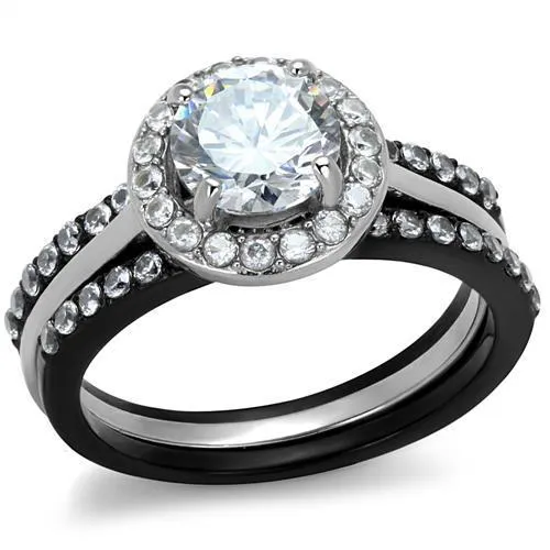 Two-Tone IP Black (Ion Plating) Stainless Steel Ring with AAA Grade CZ in Clear for Women Style TK2620