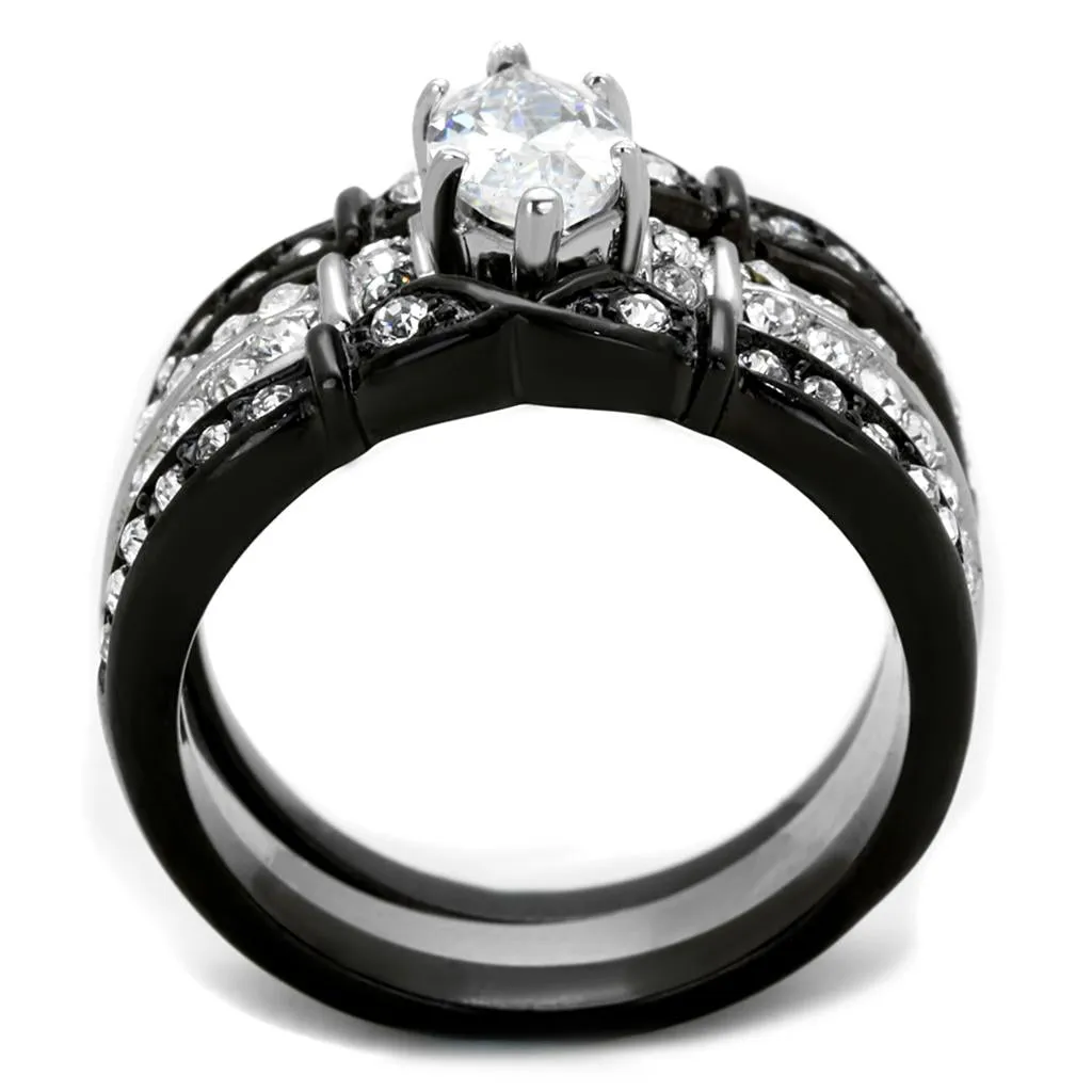 Two-Tone IP Black Stainless Steel Ring with AAA Grade CZ in Clear for Women Style TK1922