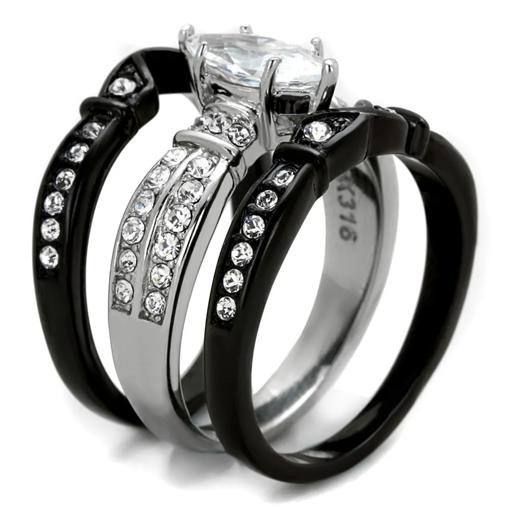 Two-Tone IP Black Stainless Steel Ring with AAA Grade CZ in Clear for Women Style TK1922