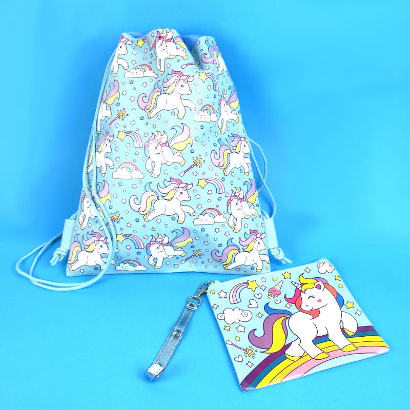 Unicorn Drawstring Backpack with Wristlet 2 Piece Set Travel Gym Cheer (Blue)