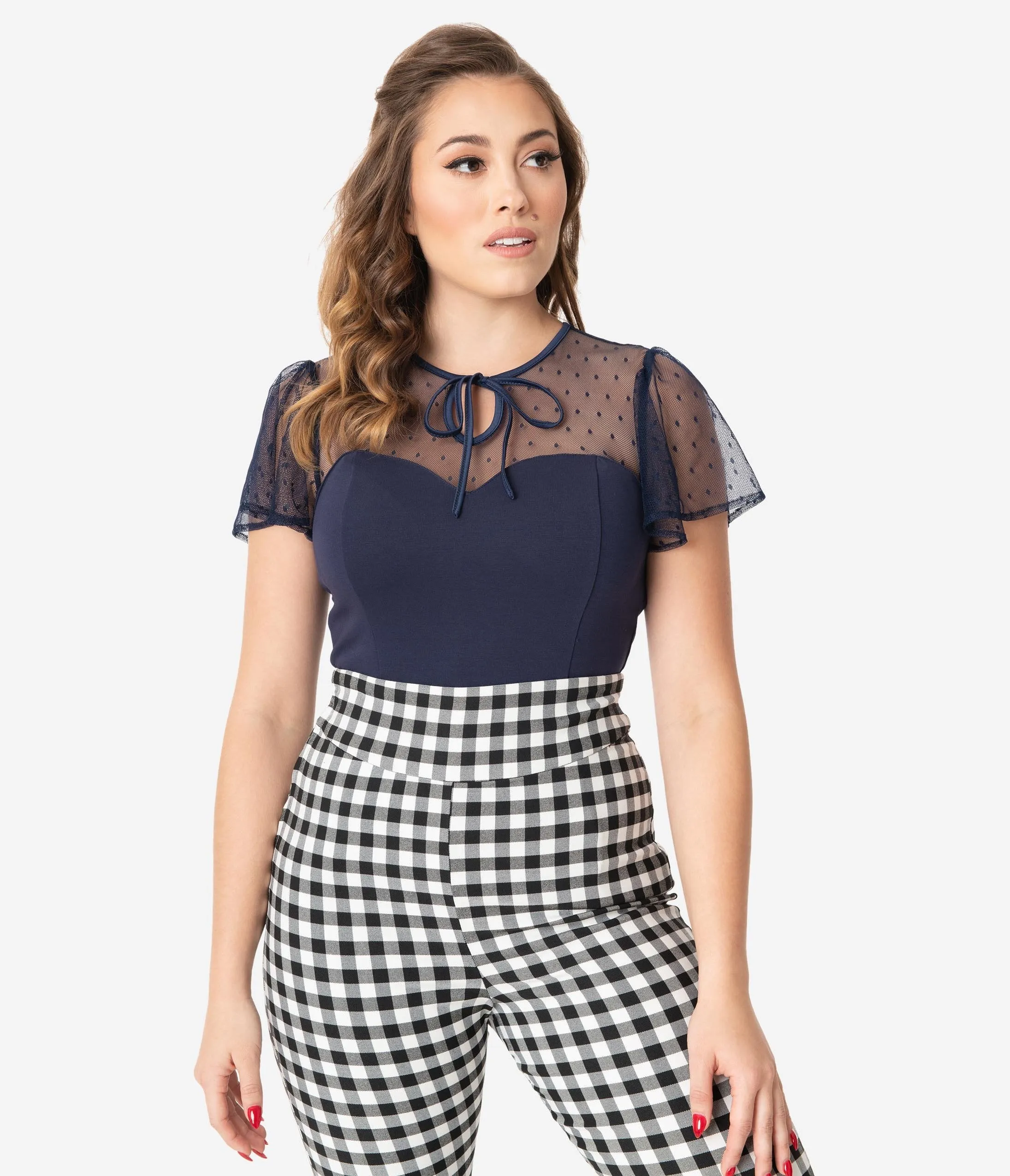 Unique Vintage Navy Swiss Dot Mesh Clara Top