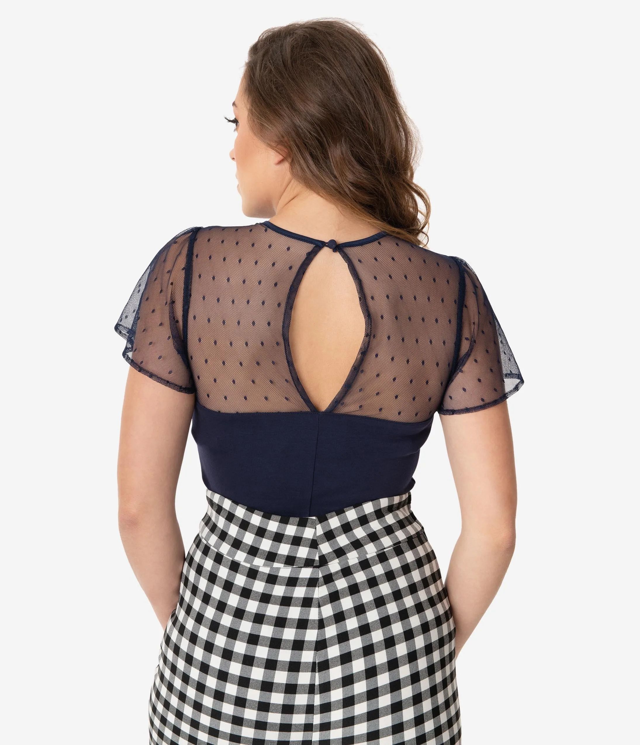 Unique Vintage Navy Swiss Dot Mesh Clara Top