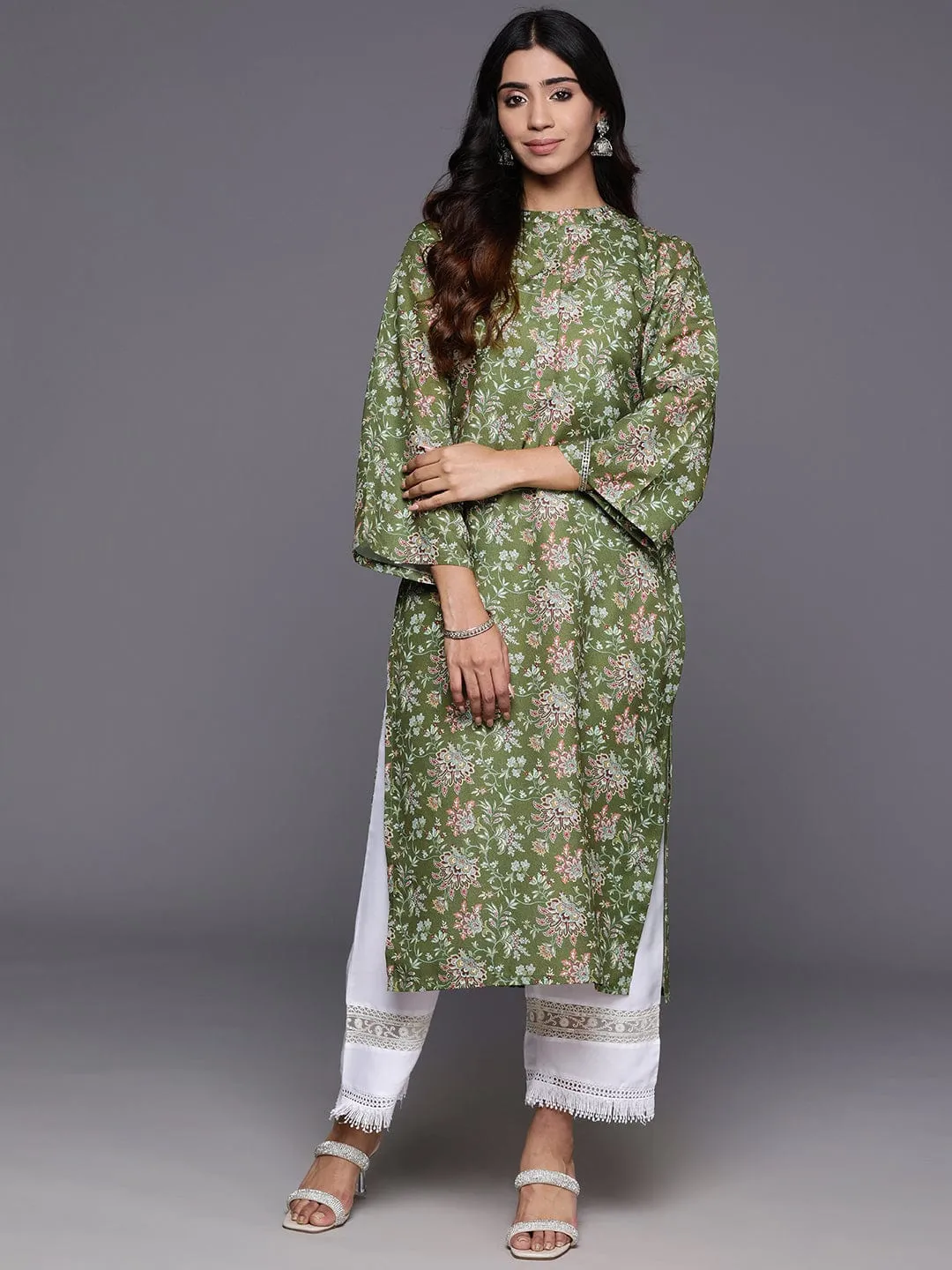 Varanga Women Olive Floral Printed  Mandarin Collar Straight Kurta