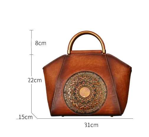 Vintage Totem Embossing Women Leather Tote Handbags 1156