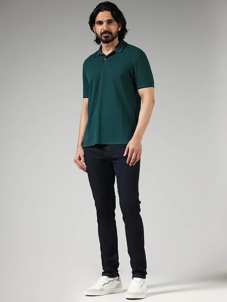 WES Casuals Green Floral Printed Cotton Blend Slim-Fit Polo T-Shirt