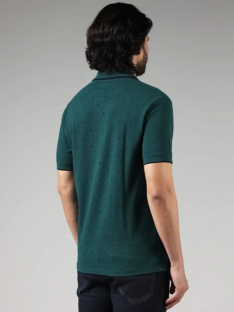 WES Casuals Green Floral Printed Cotton Blend Slim-Fit Polo T-Shirt