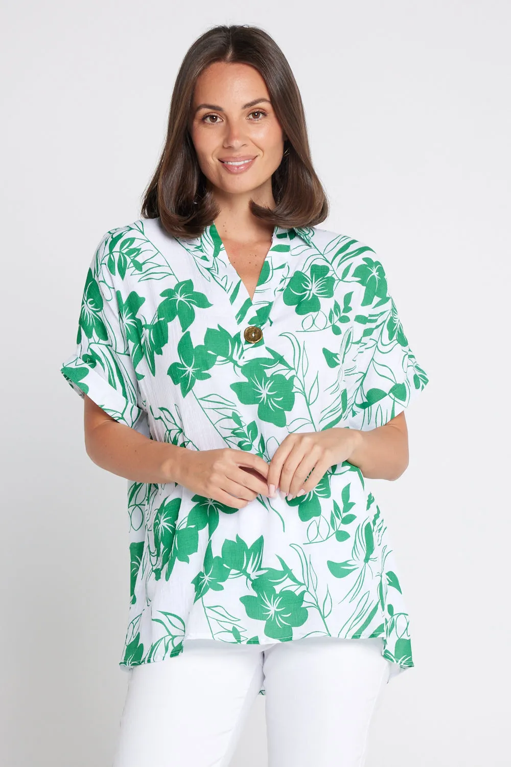 Whitsundays Shirt - Green/White Floral Top