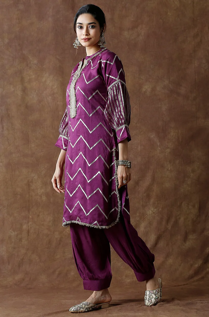 Wine Chevron Pattern  Kurta With Pathani Pant