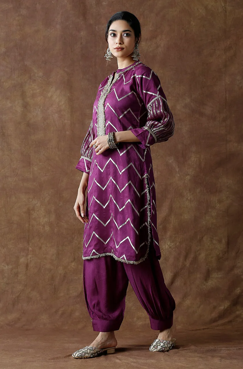 Wine Chevron Pattern  Kurta With Pathani Pant