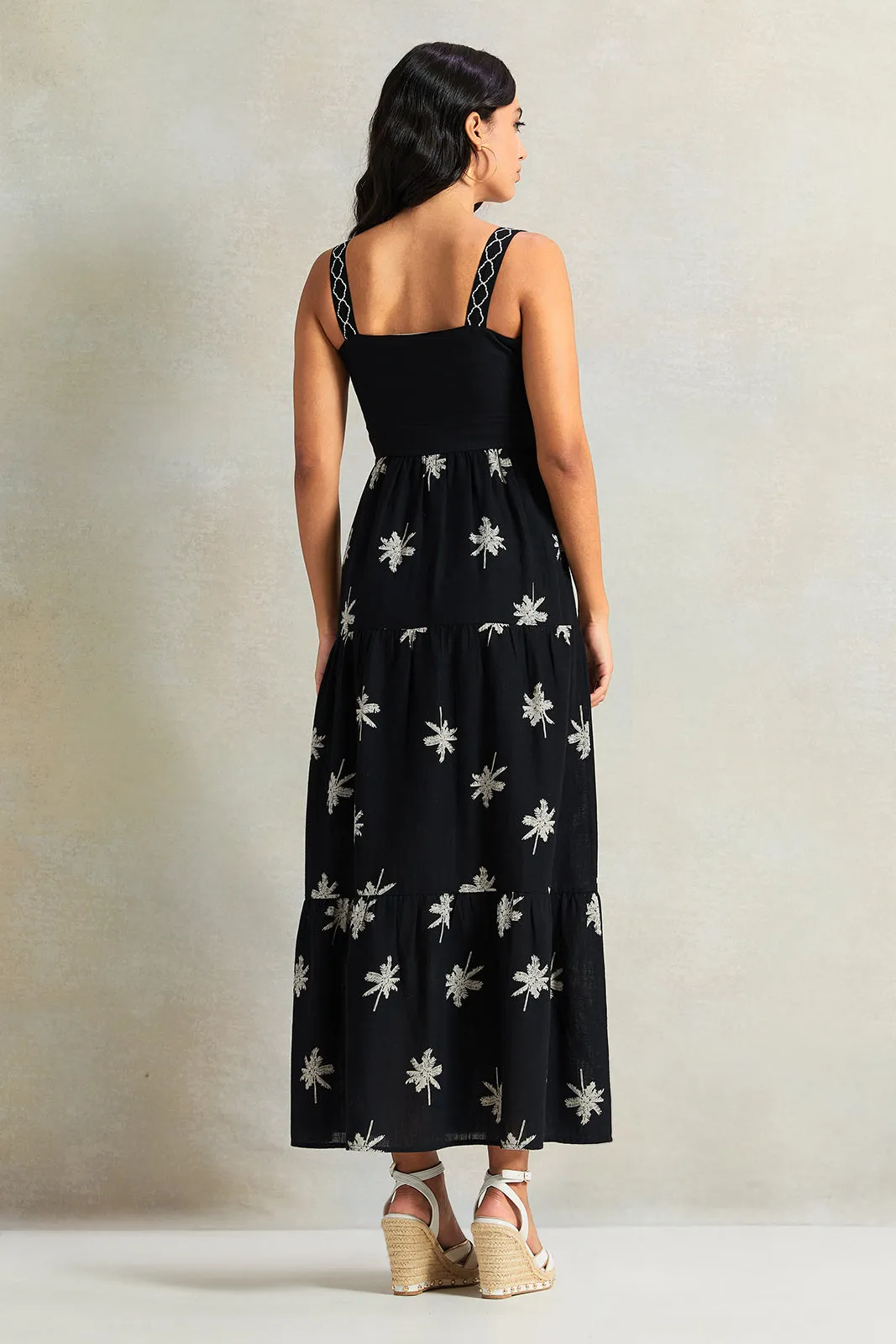 Women Black Embordered Printed Dress