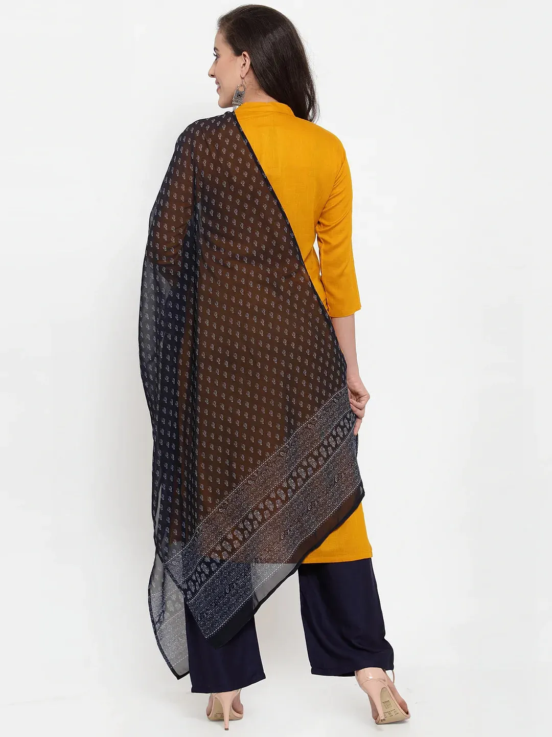 Women Mustard Yellow & Navy Blue Embroidered Kurta With Palazzos & Dupatta