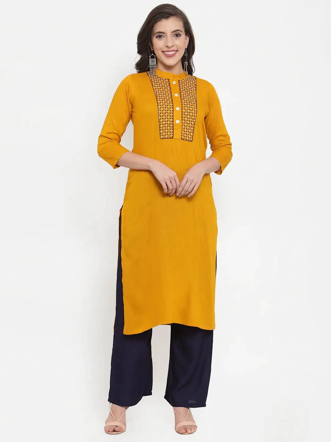 Women Mustard Yellow & Navy Blue Embroidered Kurta With Palazzos & Dupatta