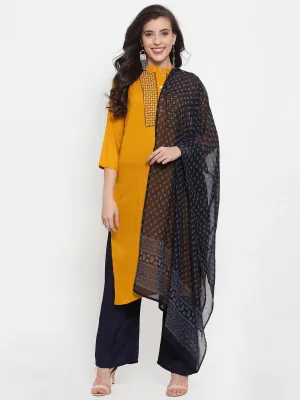 Women Mustard Yellow & Navy Blue Embroidered Kurta With Palazzos & Dupatta