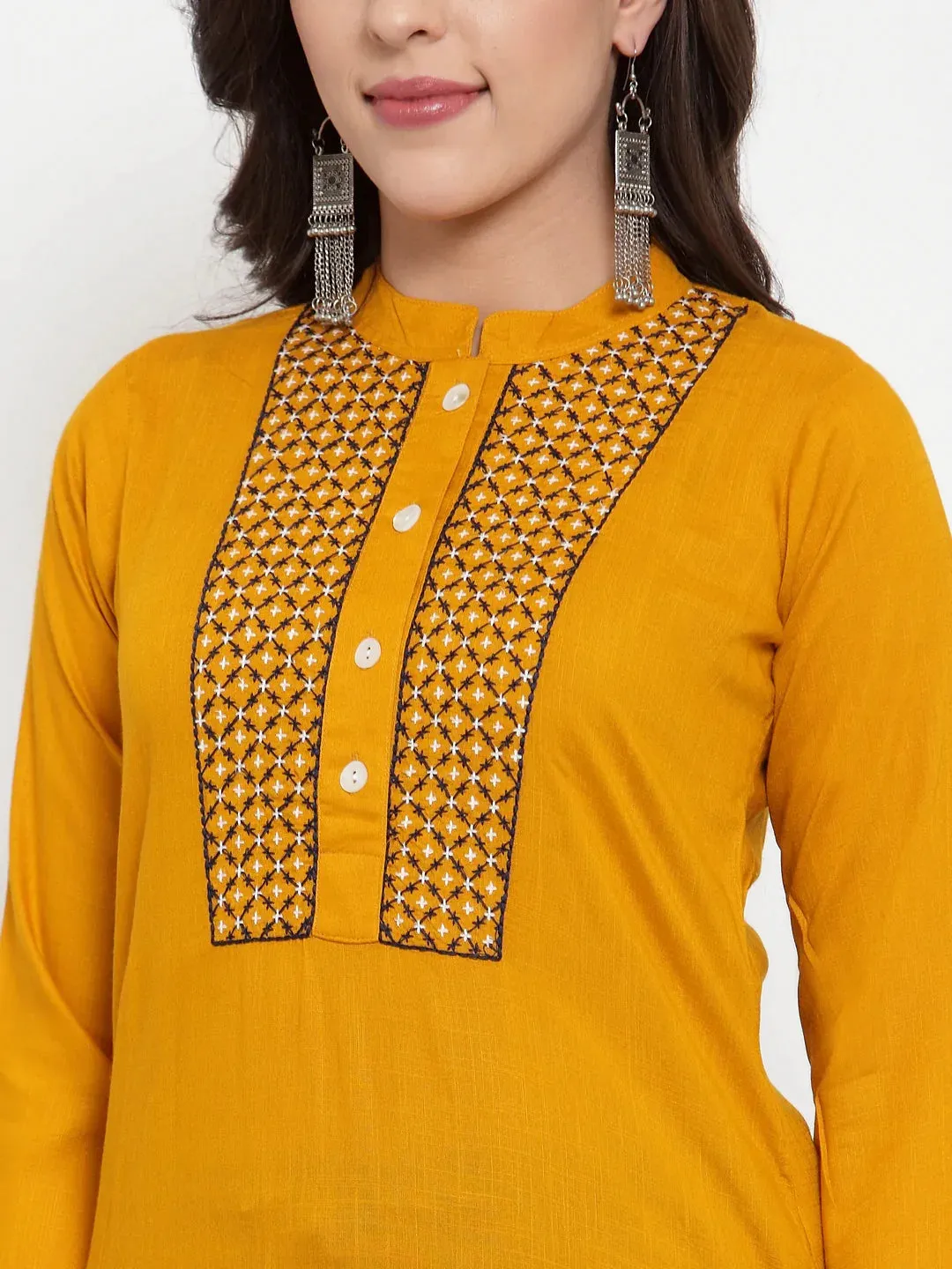 Women Mustard Yellow & Navy Blue Embroidered Kurta With Palazzos & Dupatta