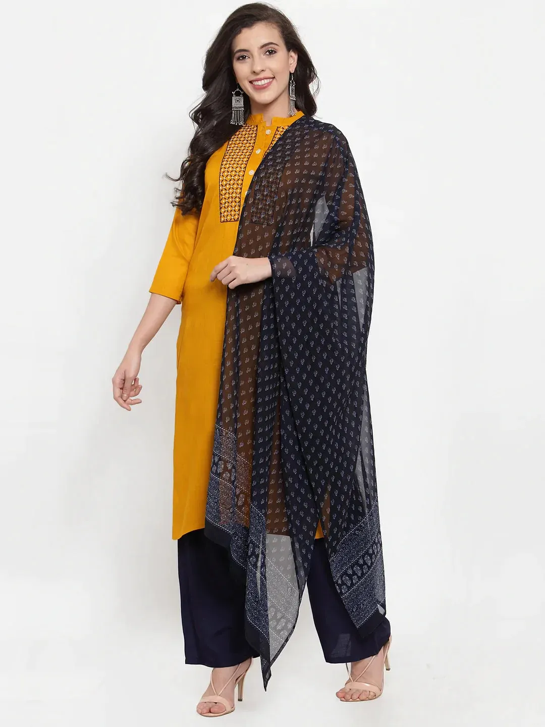 Women Mustard Yellow & Navy Blue Embroidered Kurta With Palazzos & Dupatta