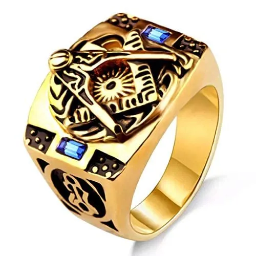 Yellow Chimes Rings for Men Antique AG Masonic Logo Religious Freemason Symbol with Blue Stone Stainless Steel Ring for Men & Boys (8)